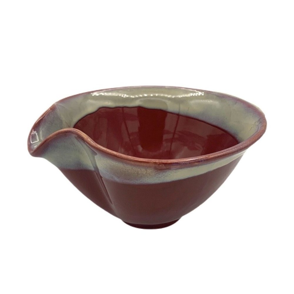 Vintage Tumbleweed Pottery Maroon Tan Drip Glaze Mixing Bowl Pour Spout & Handle
